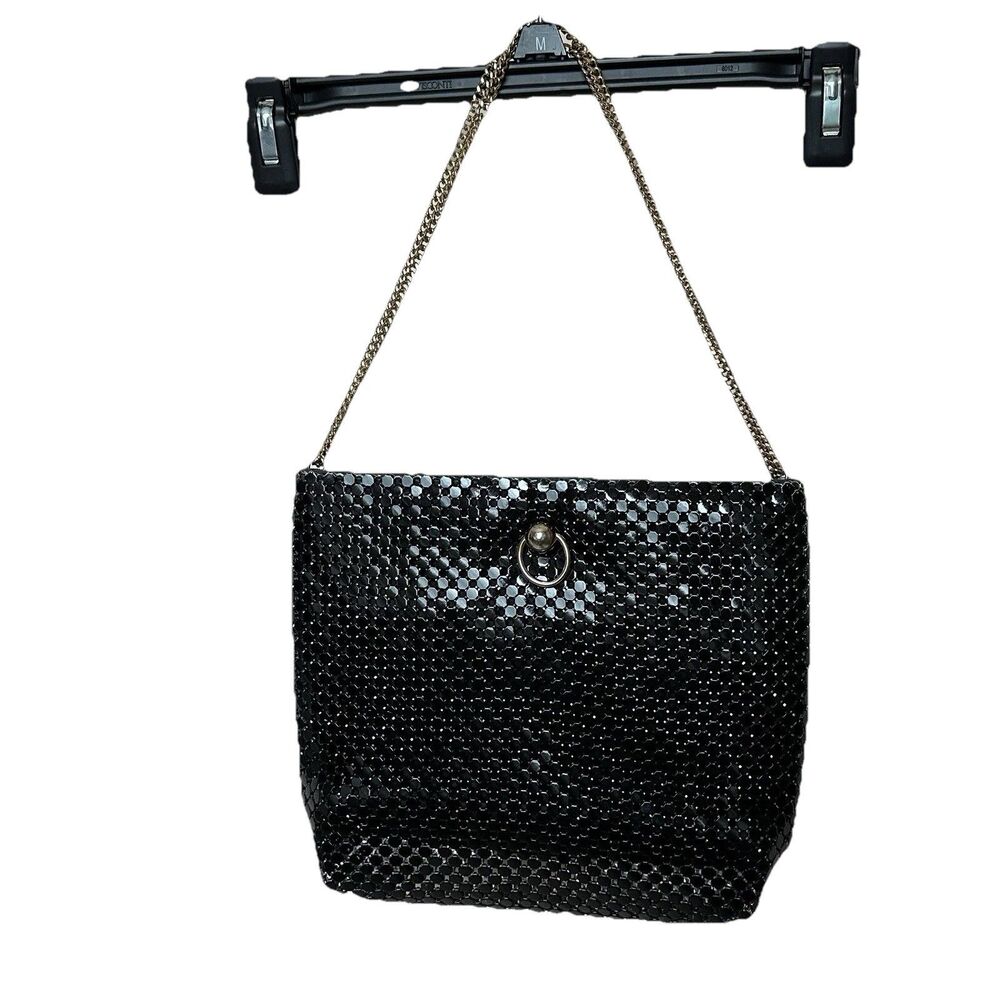 Vintage Whiting and Davis Black Metal Mesh Purse w/ Gold Chain Handle Disco